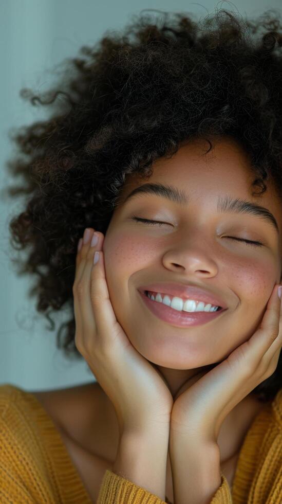 ai generado mujer conmovedor cara con ojos cerrado foto