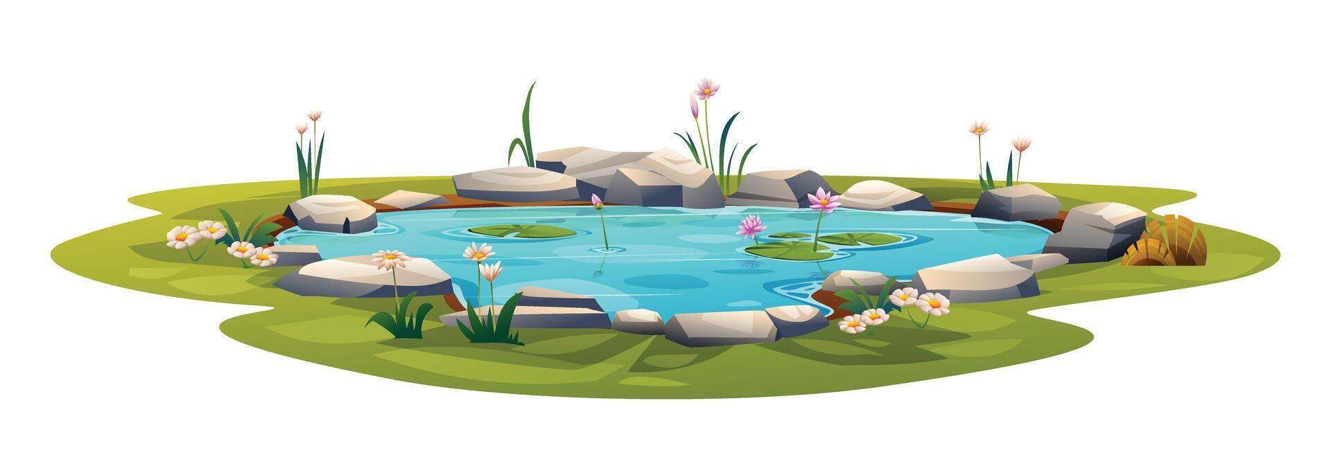 Small pond with water lily. Vector cartoon illustration