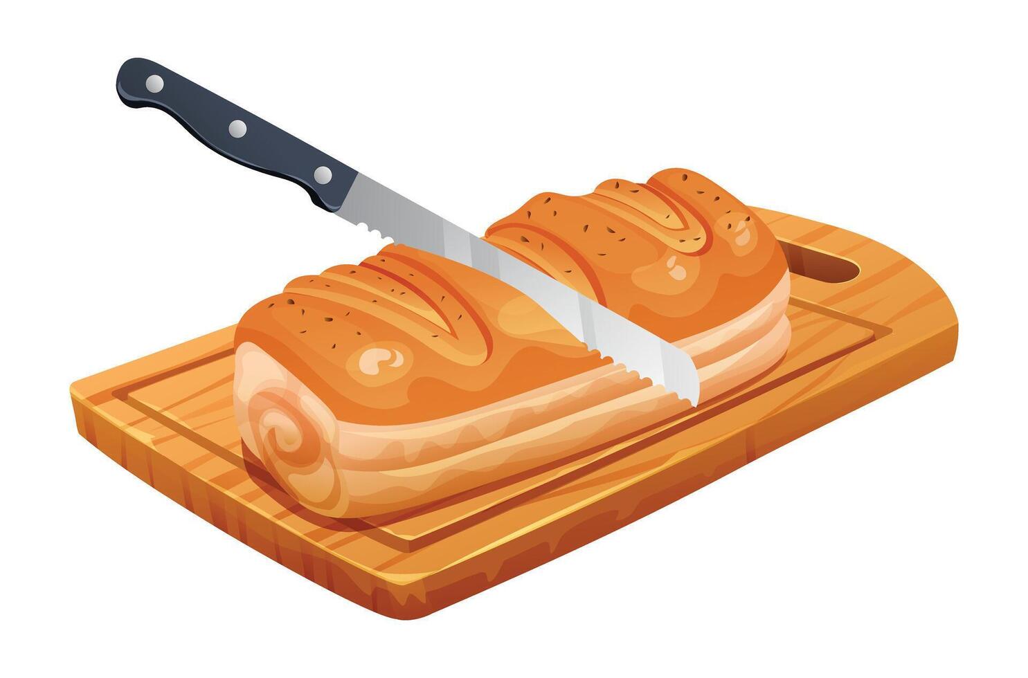Sliced bread with knife on wooden cutting board. Vector illustration isolated on white background