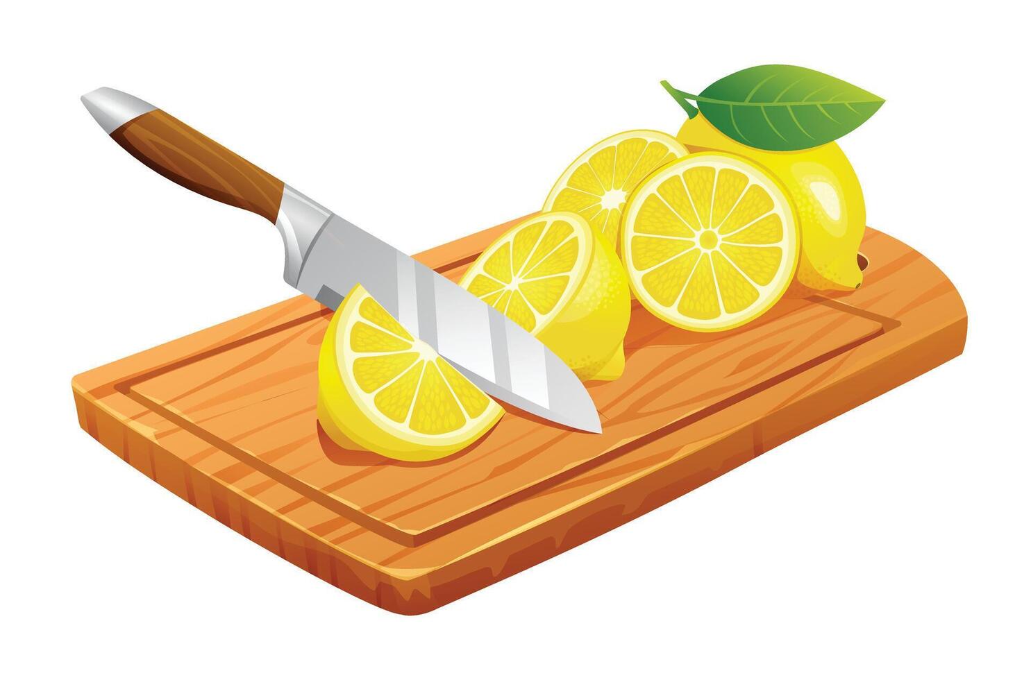 Fresh whole, half and cut slices lemon with knife on wooden cutting board. Vector illustration