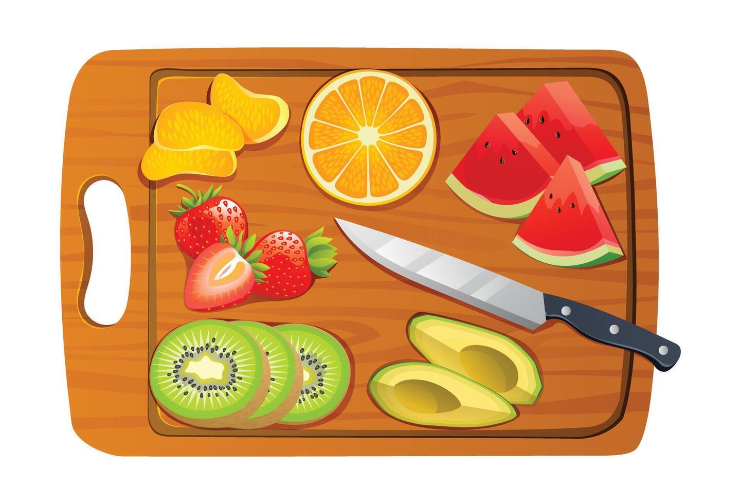 Sliced fruits on cutting board. Salad fruit ingredients. Vector illustration isolated on white background