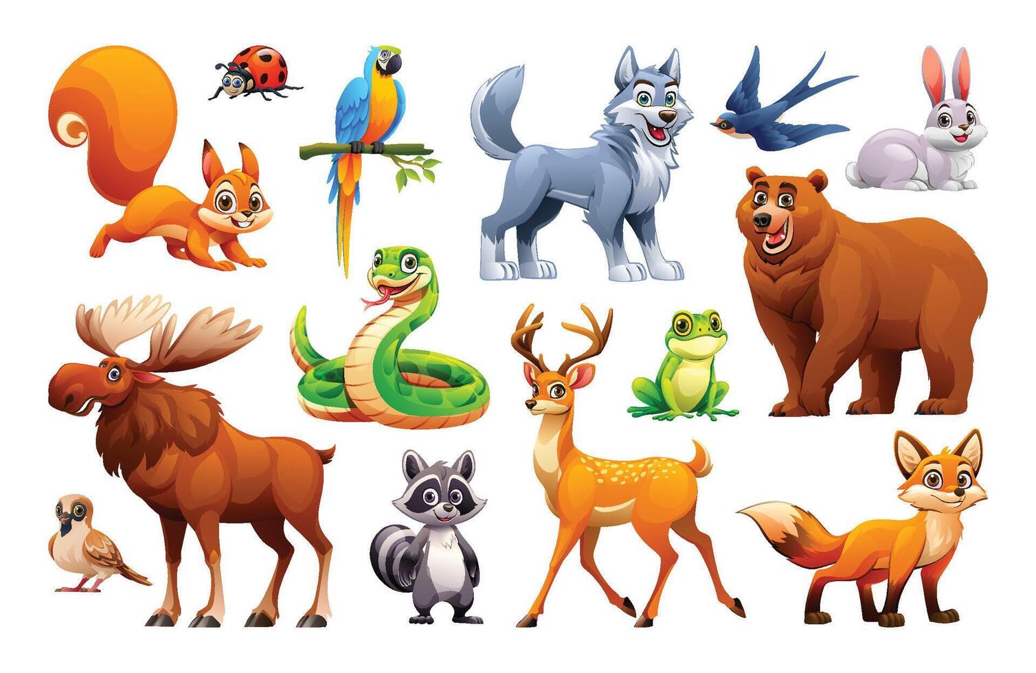 Set of woodland forest animals. Vector cartoon illustration