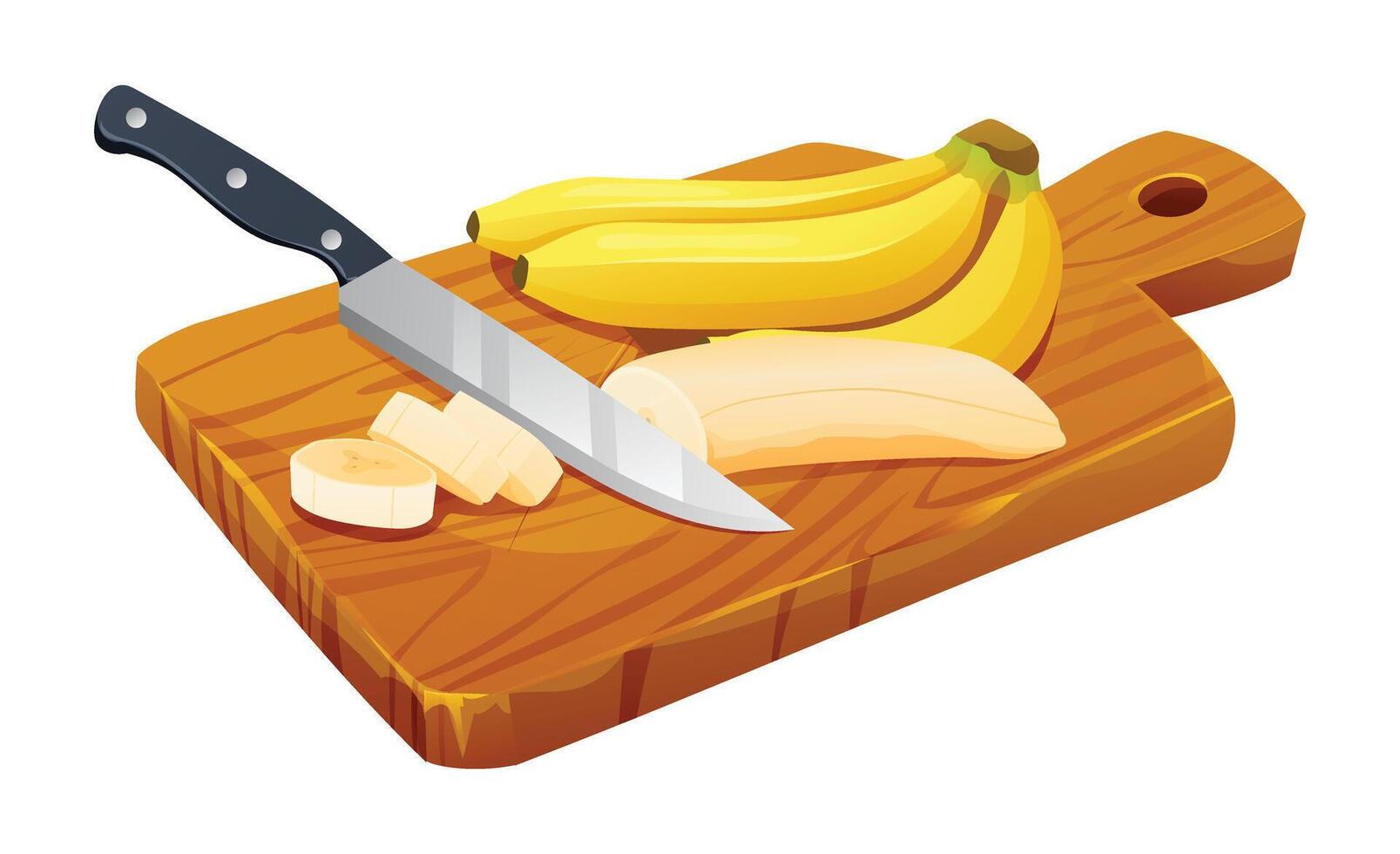 Bananas and cut sliced with knife on wooden cutting board. Vector illustration isolated on white background