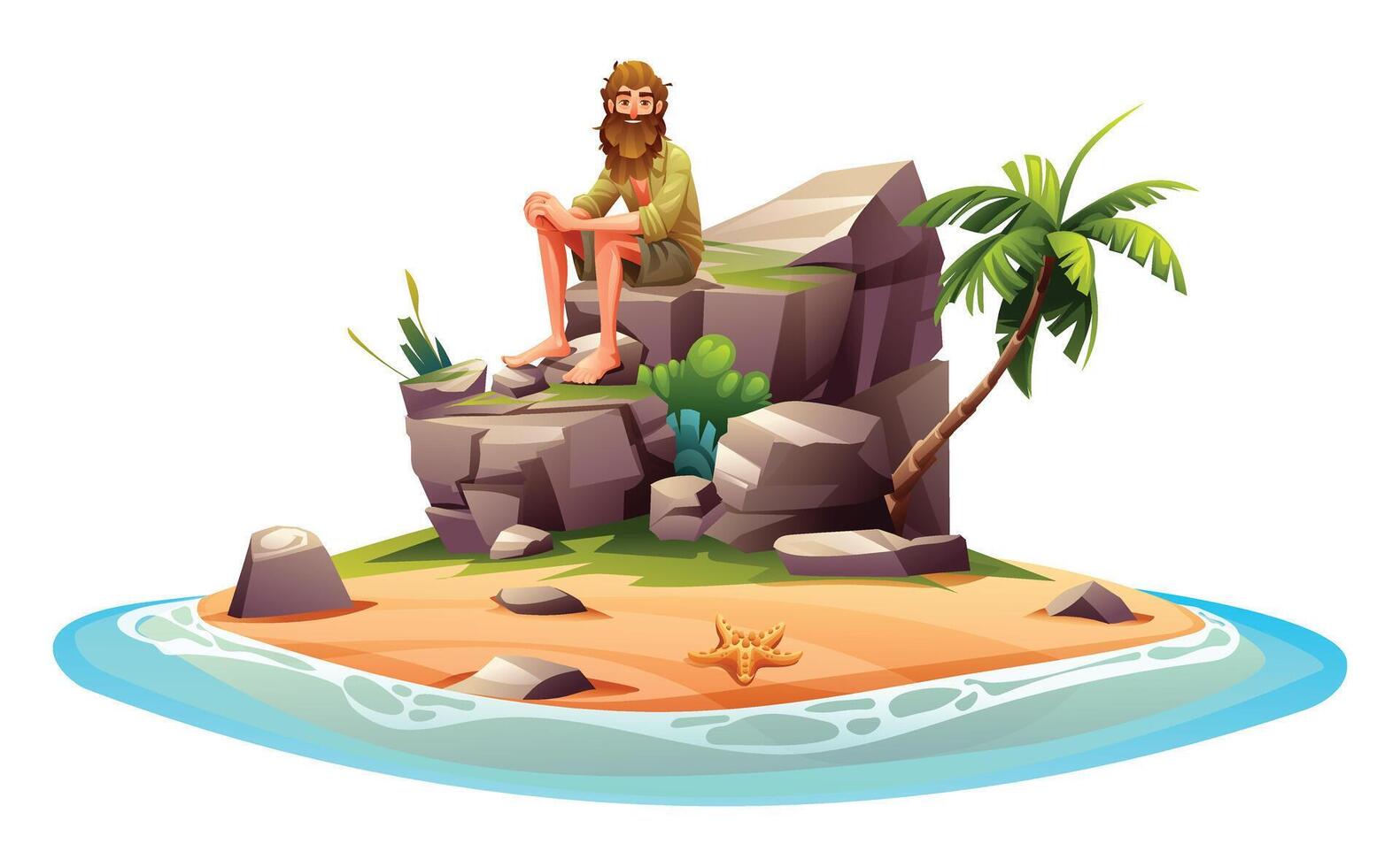 Desechar hombre en deshabitado isla con palma arboles y rocas vector dibujos animados ilustración