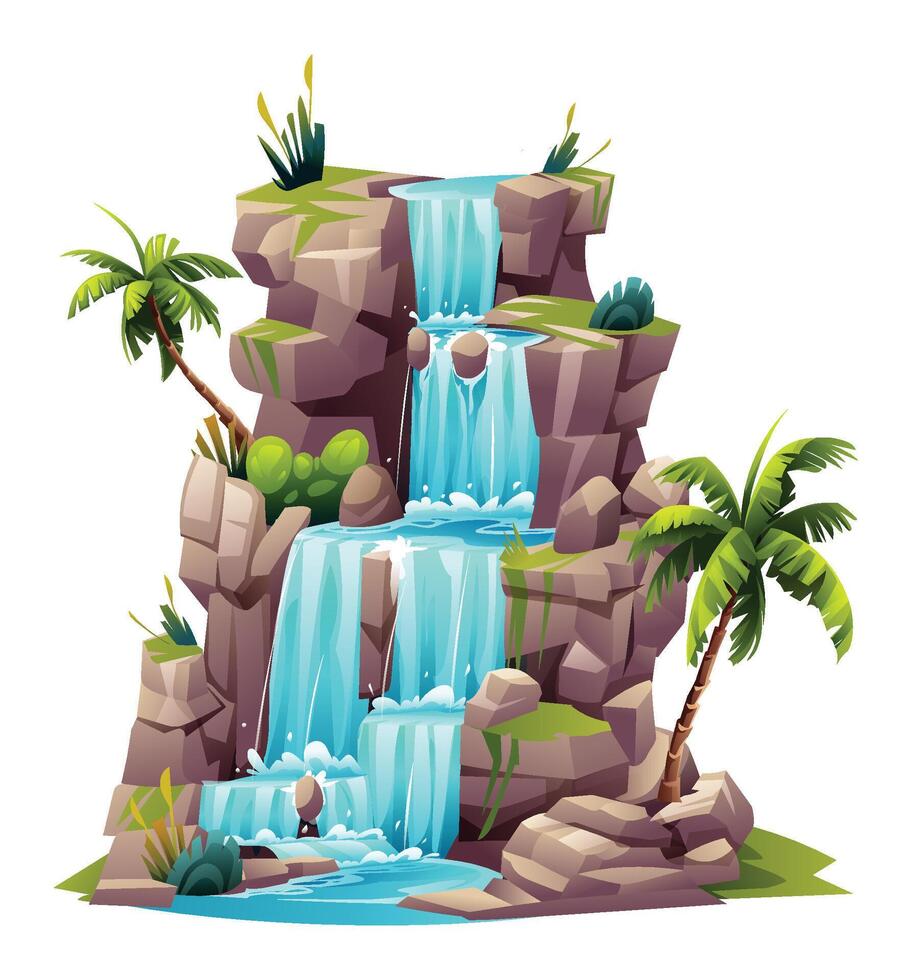 Tropical waterfall cartoon vector illustration isolated on white background