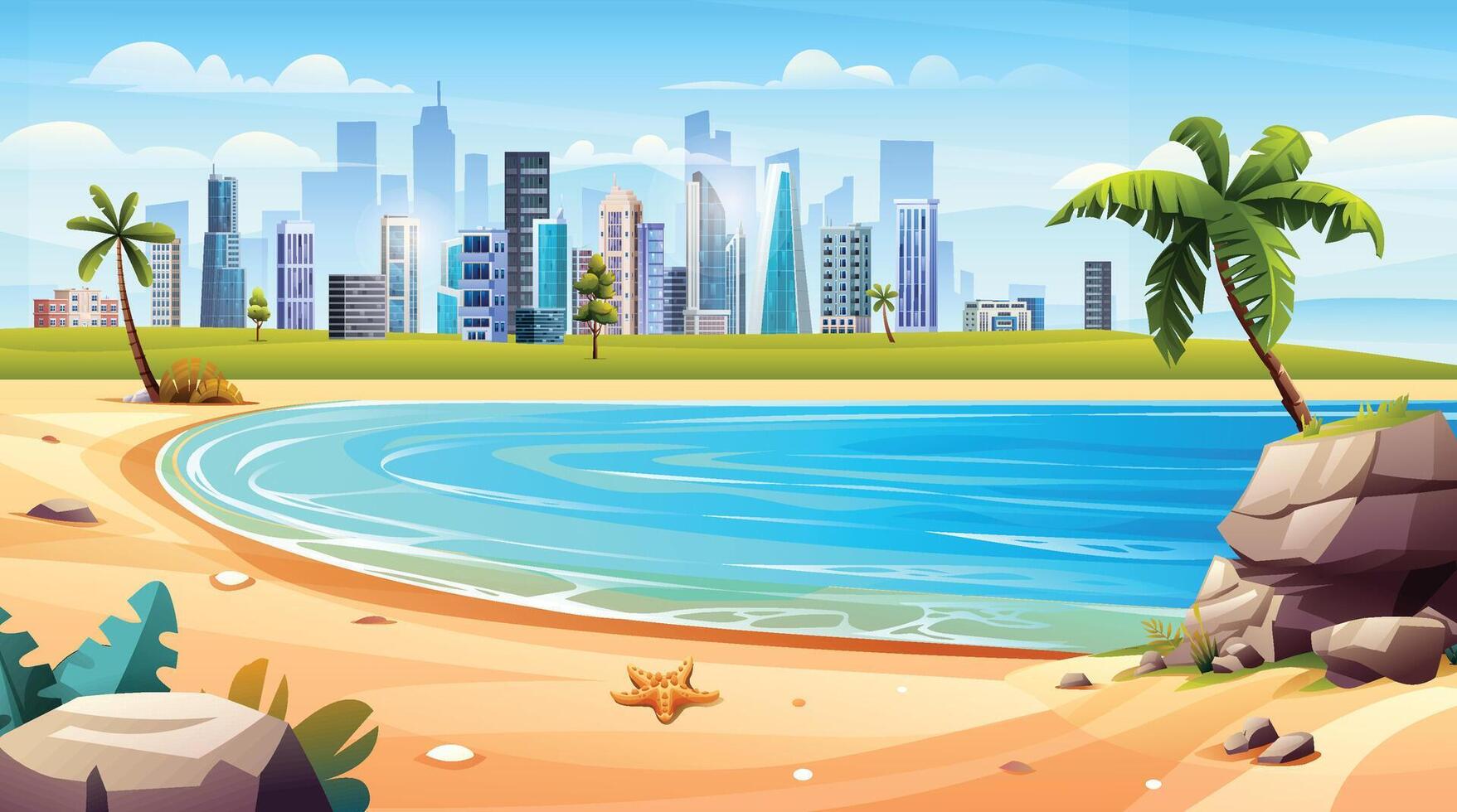 Oceano bahía panorama con palma arboles en el costa y paisaje urbano ver concepto. tropical playa vacaciones dibujos animados paisaje ilustración vector