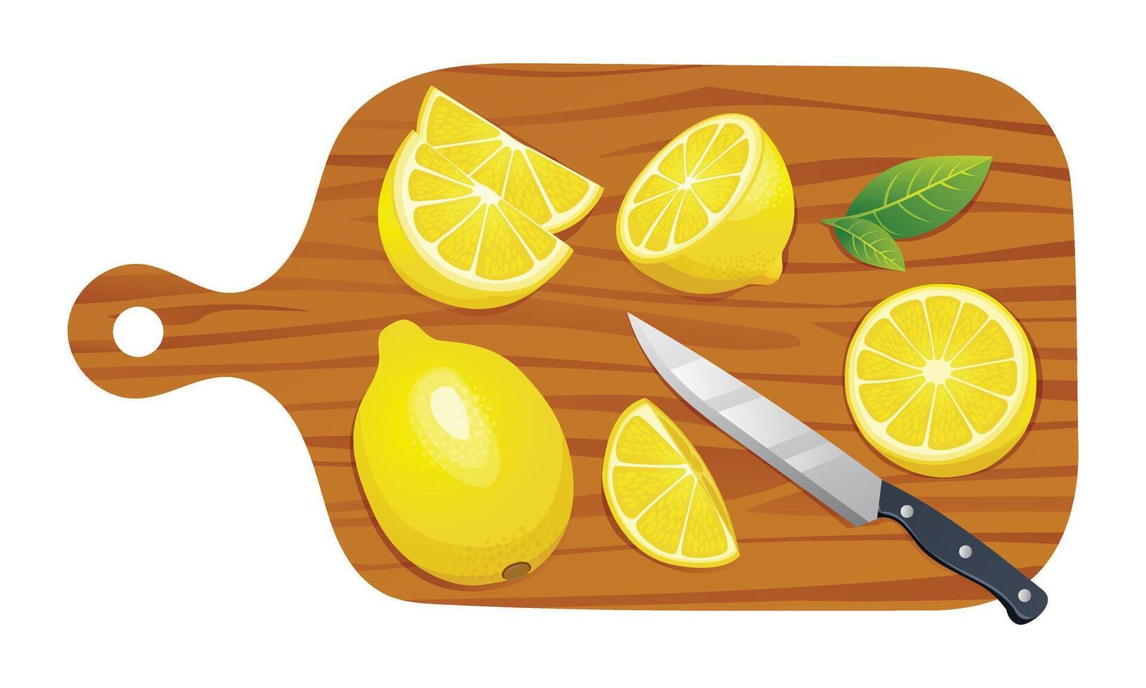 Fresh whole, half and cut slices lemon with knife on cutting board. Vector illustration