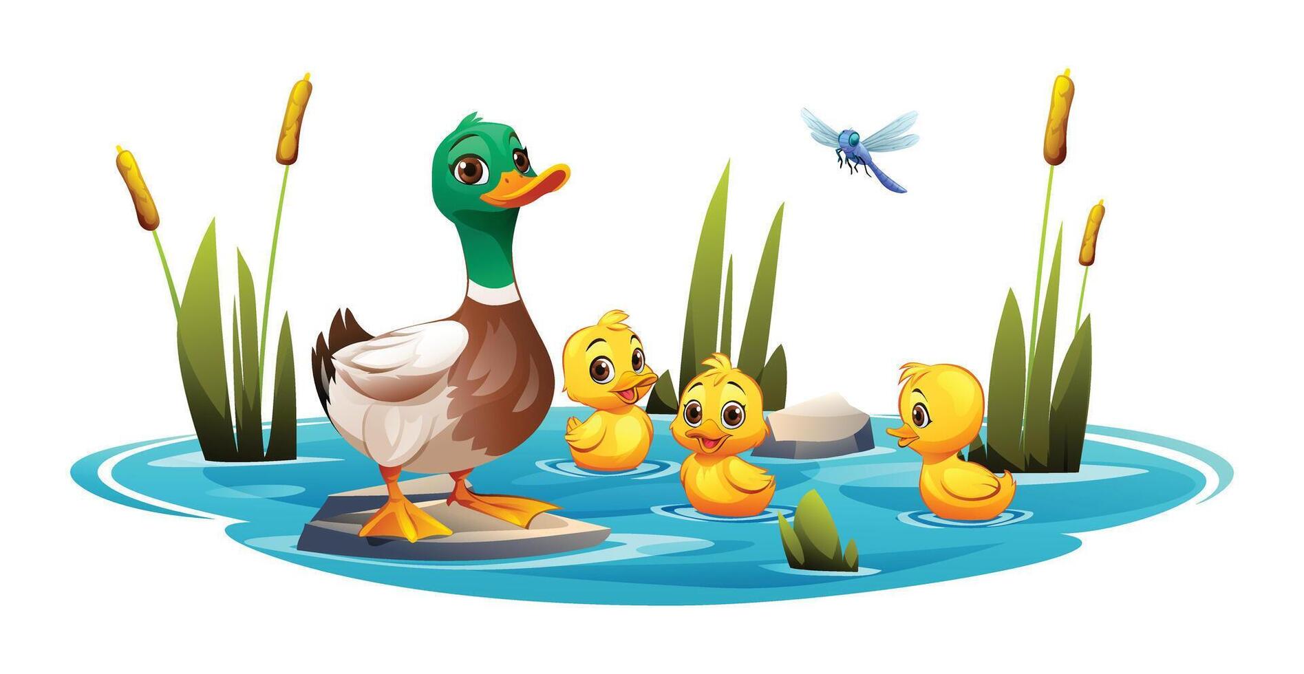 Mother duck and cute ducklings swimming in the pond. Vector cartoon illustration