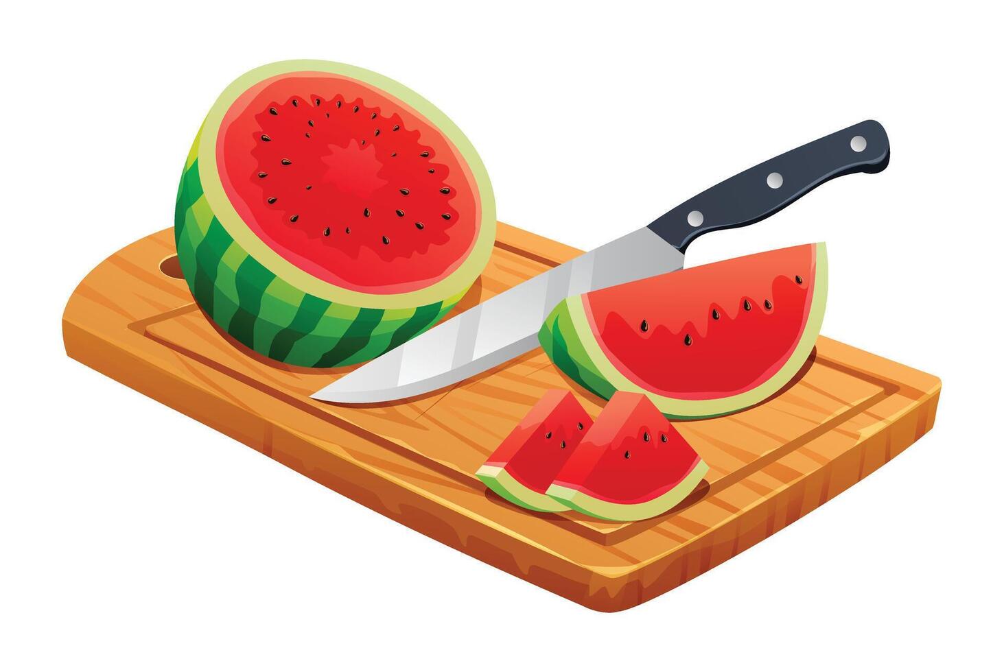 Fresh juicy watermelon cut slices with knife on wooden cutting board. Vector illustration isolated on white background