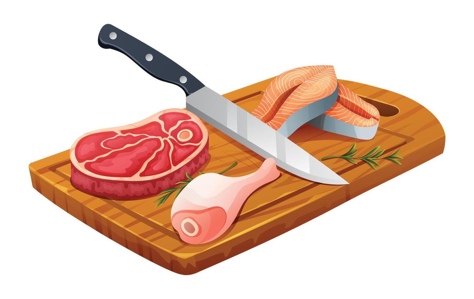 Fresh raw beef steak, chicken leg, and salmon steaks with knife on cutting board. Vector illustration isolated on white background