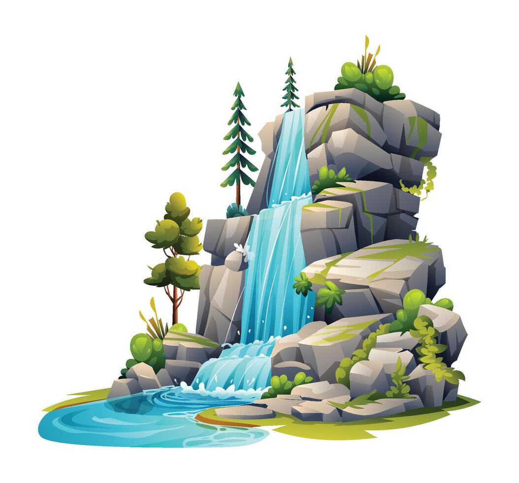 Jungle waterfall cascade illustration. Vector cartoon isolated on white background