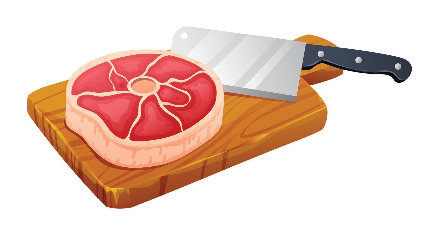 Fresh raw beef meat steak with knife on cutting board. Vector illustration isolated on white background