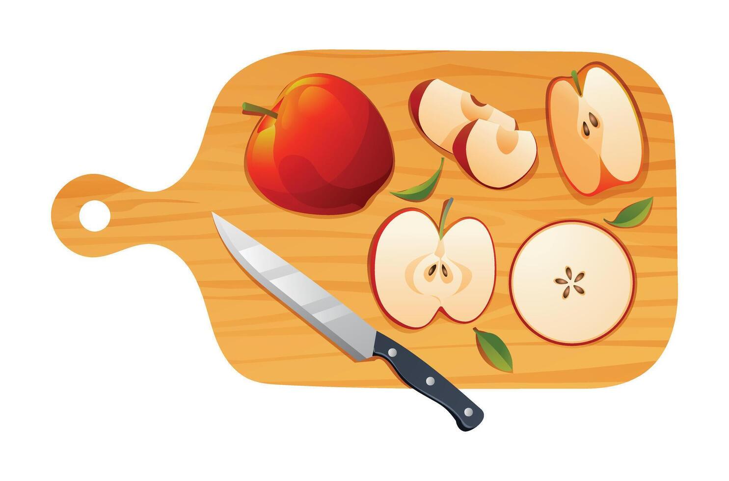 Fresh whole, half and cut slices apple fruits with knife on cutting board. Vector illustration isolated on white background