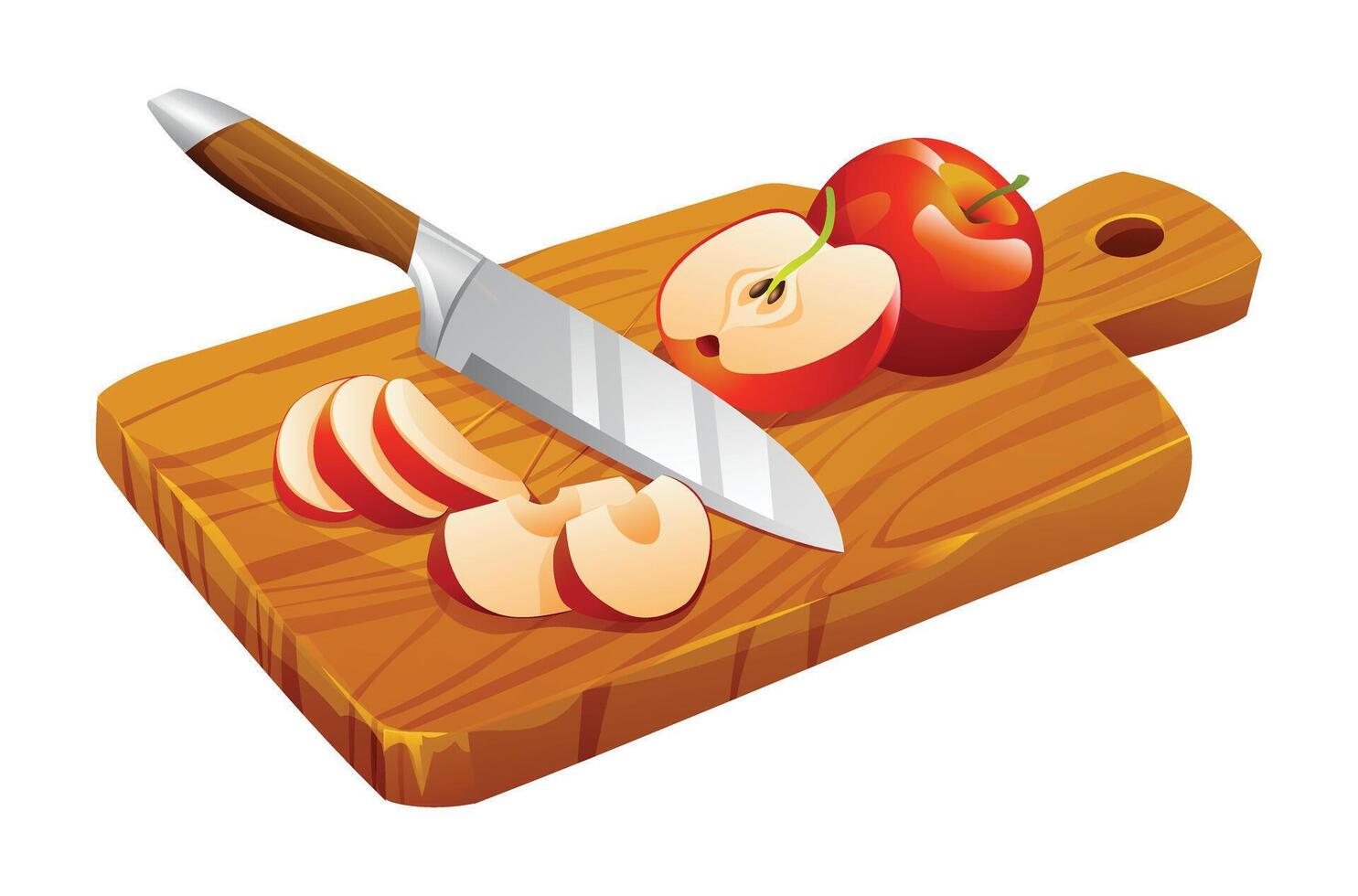 Fresco entero, medio y cortar rebanadas manzana frutas con cuchillo en corte tablero. vector ilustración