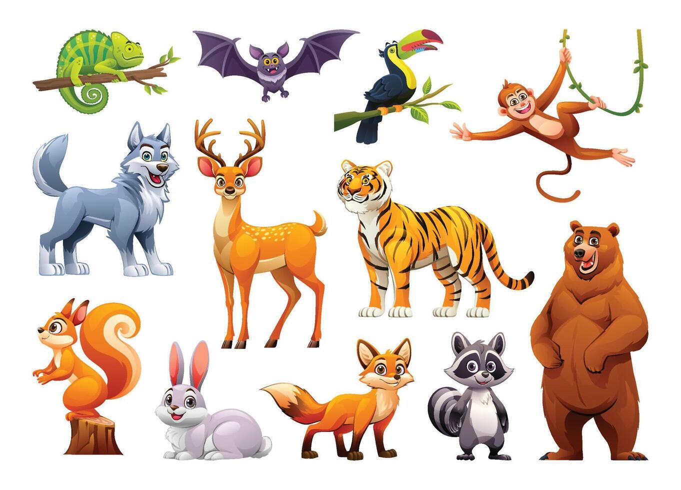 conjunto de bosque animales vector dibujos animados ilustración