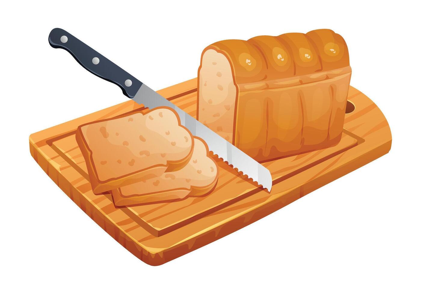 Sliced bread with knife on wooden cutting board. Vector illustration isolated on white background