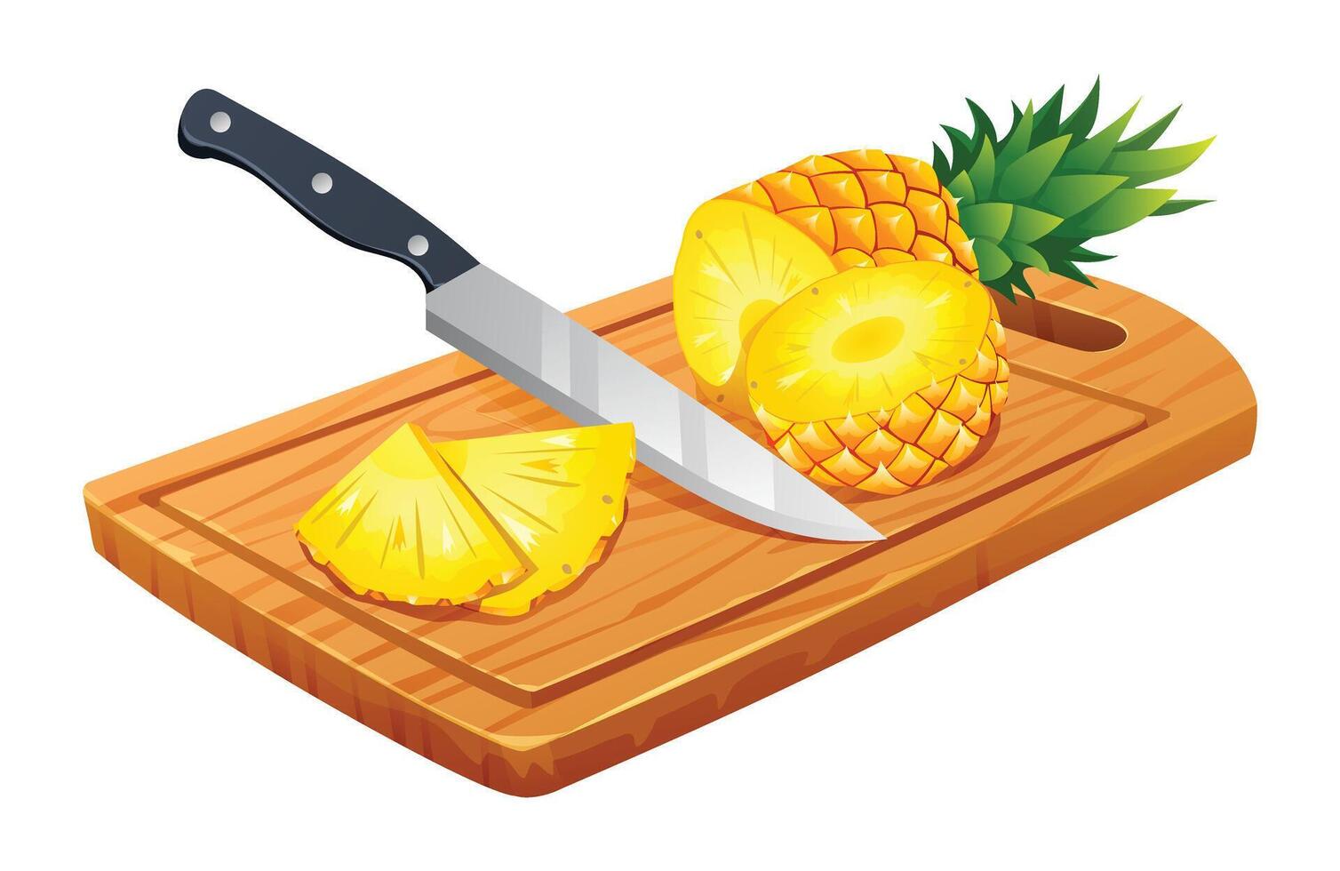 Pineapples cut slices with knife on wooden cutting board. Vector illustration isolated on white background