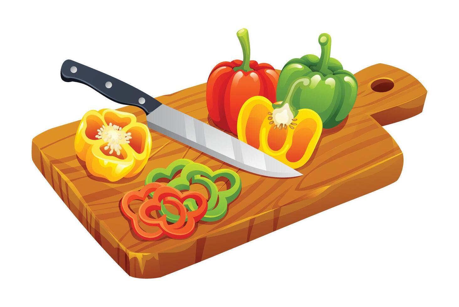 Sliced peppers with knife on wooden cutting board. Vector illustration isolated on white background