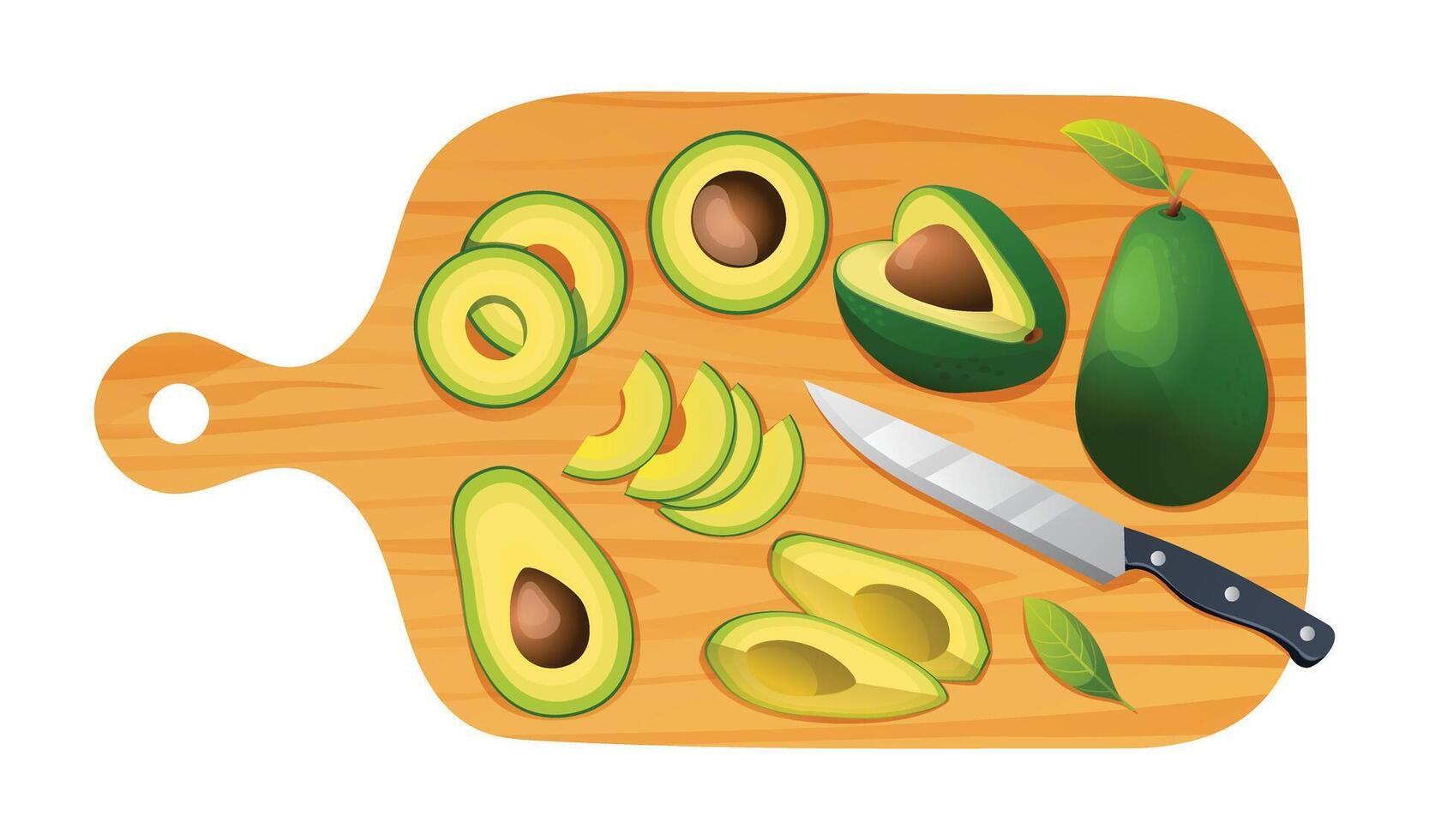 Fresco entero, medio y cortar rebanadas aguacate con cuchillo en corte tablero. vector ilustración aislado en blanco antecedentes