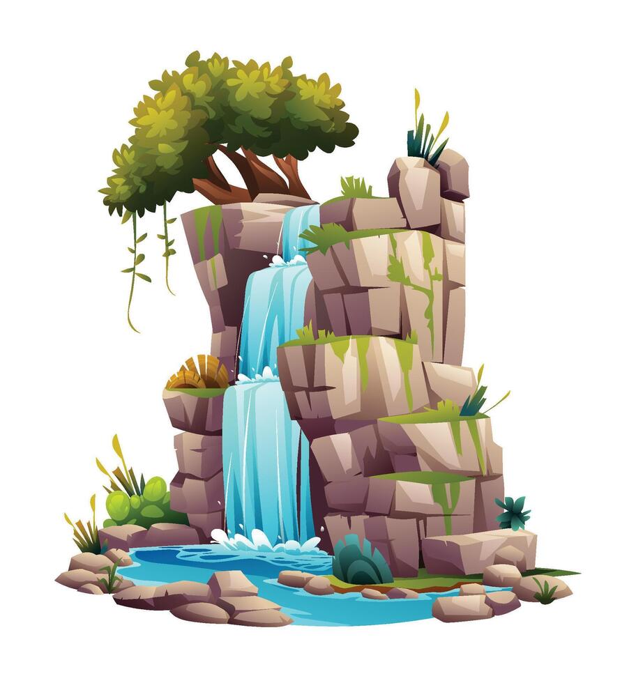 Waterfall illustration. Vector cartoon isolated on white background