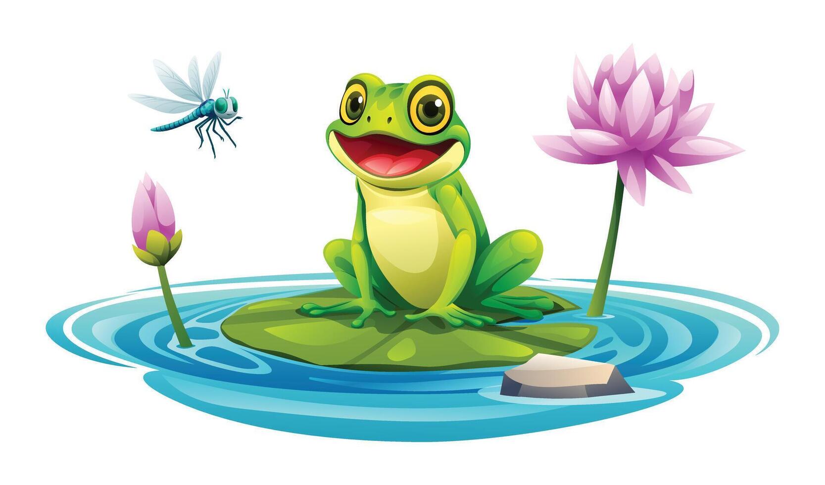 Frog sitting on a leaf in a pond with water lily and dragonfly. Vector cartoon illustration isolated on white background