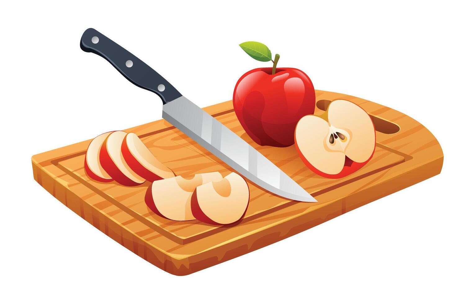Fresh whole, half and cut slices apple fruits with knife on wooden cutting board. Vector illustration