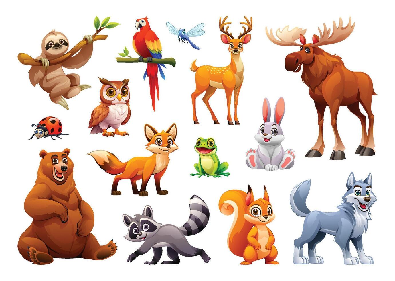 Set of forest animals. Woodland animals collection vector cartoon illustration