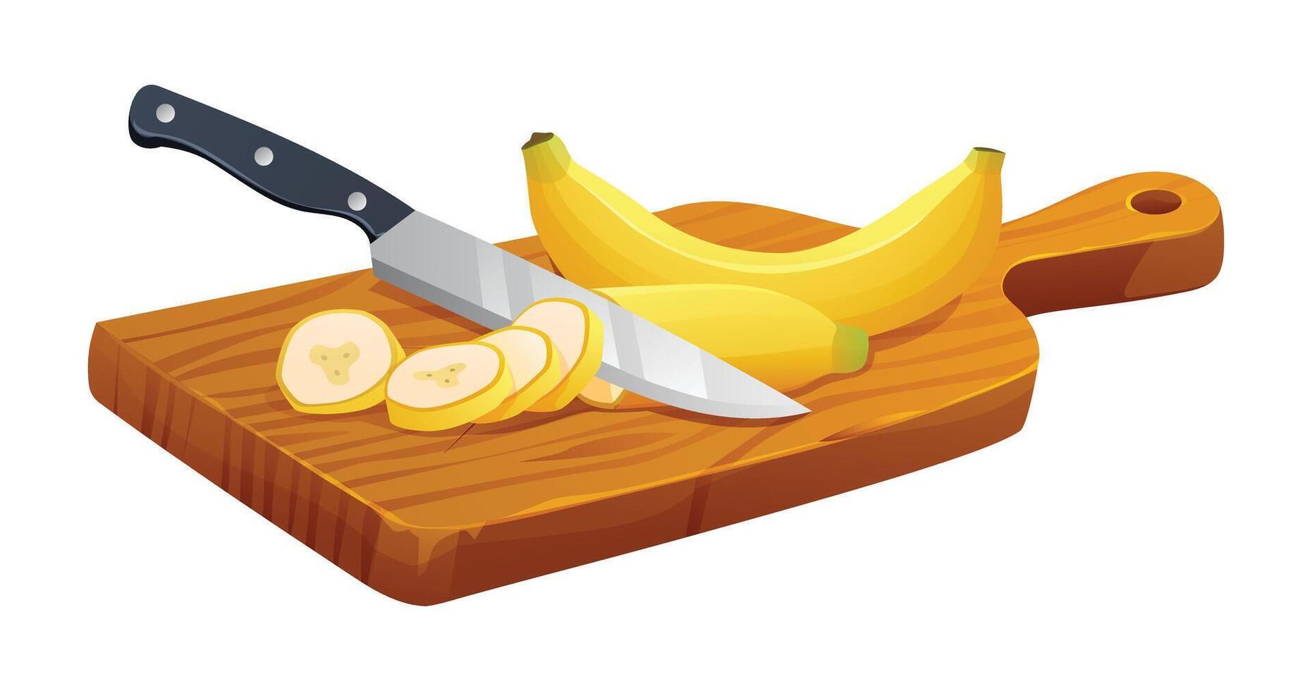 plátano y cortar rebanado con cuchillo en de madera corte tablero. vector ilustración aislado en blanco antecedentes