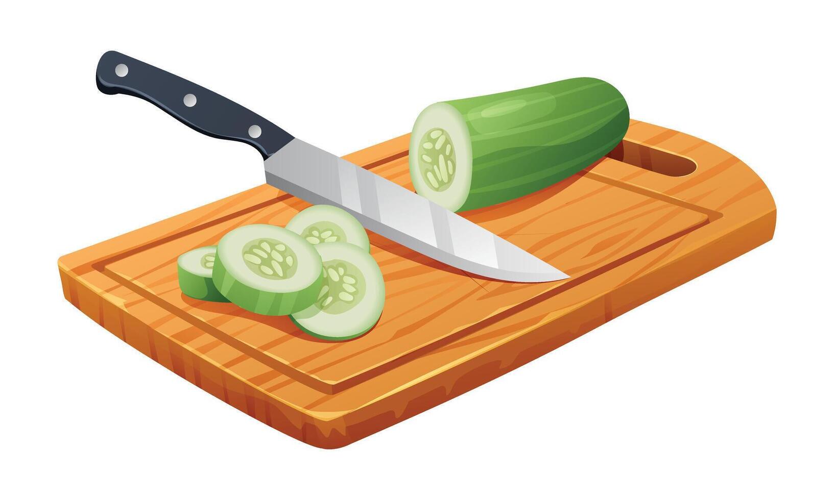 Sliced cucumber with knife on wooden cutting board. Vector illustration isolated on white background