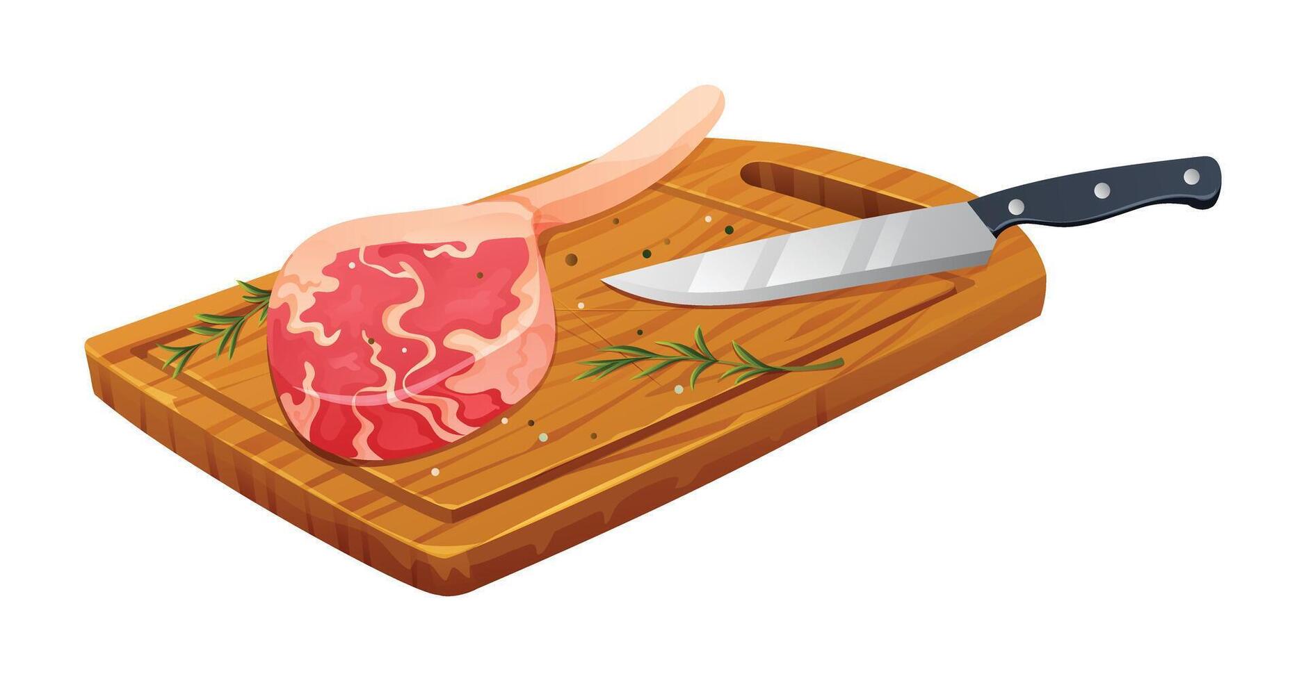 Fresh raw tomahawk meat steak with salt, rosemary and knife on cutting board. Vector illustration isolated on white background