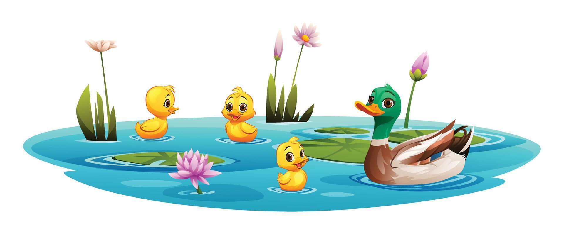 Duck and little ducklings swimming in the pond. Vector cartoon illustration