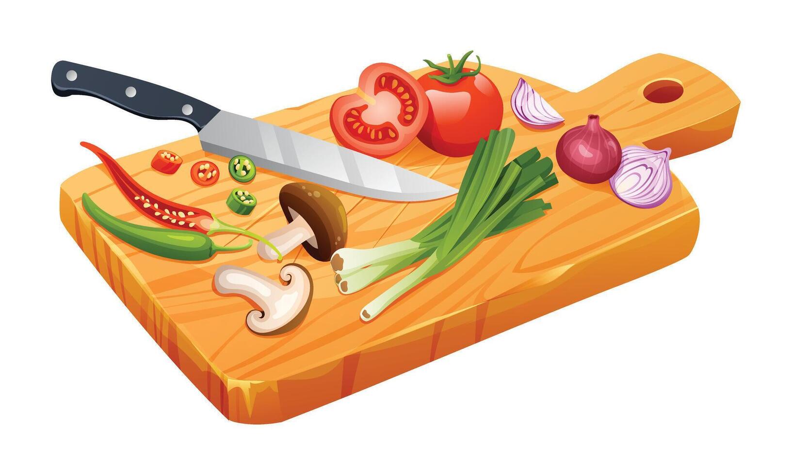 Food ingredients with knife on wooden cutting board. Vector cartoon illustration