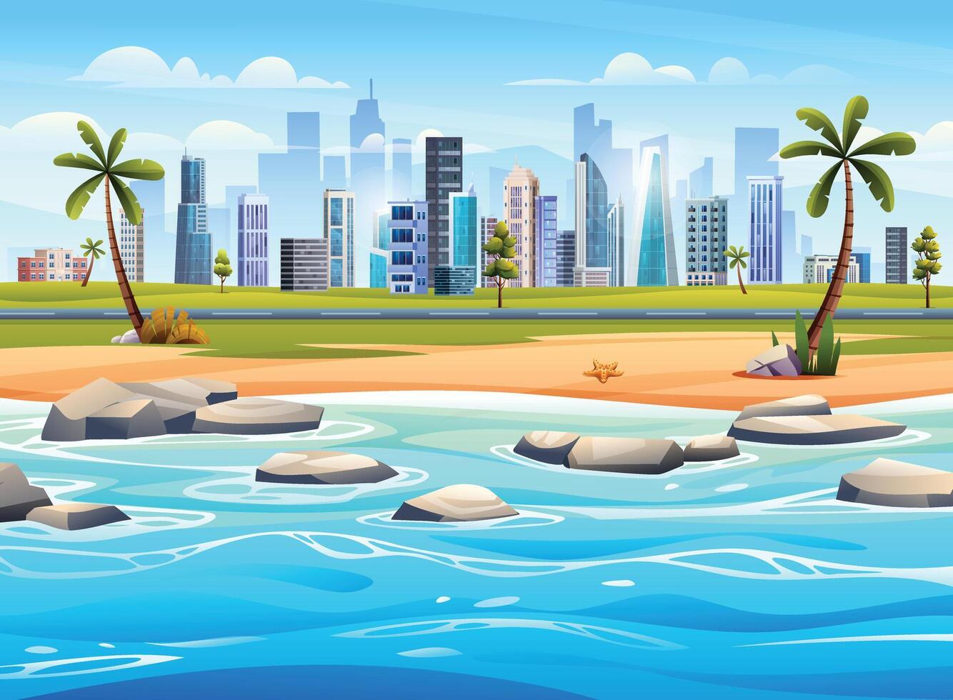 Ocean beach panorama with rocks on the seashore and cityscape view. Tropical beach with city landscape background cartoon illustration vector