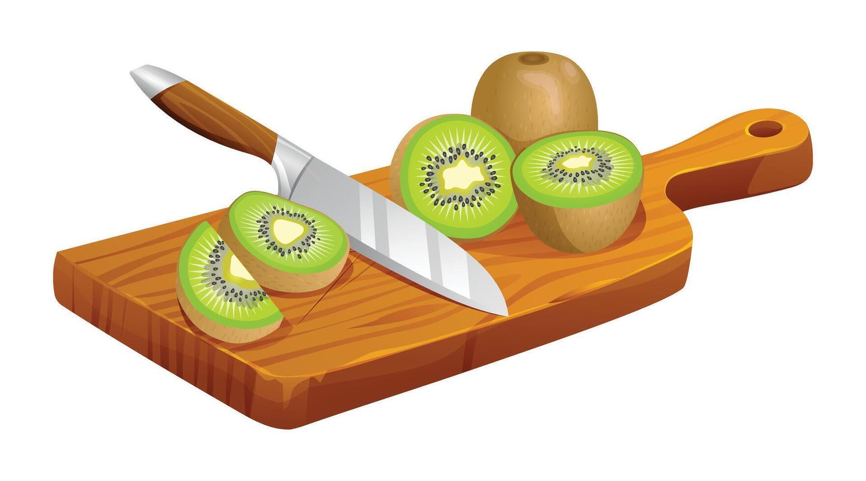 Sliced kiwi fruits with knife on wooden cutting board. Vector illustration isolated on white background