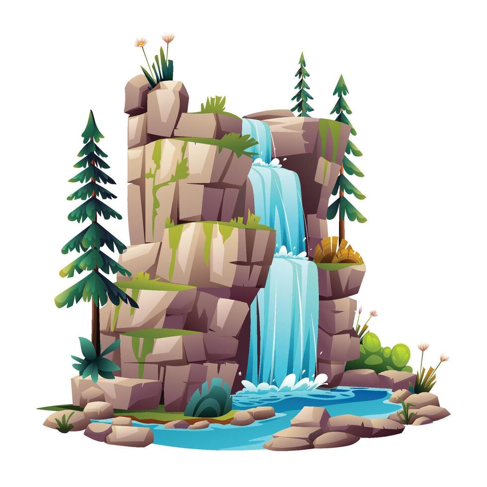 Waterfall on mountain rocks illustration. Vector cartoon isolated on white background