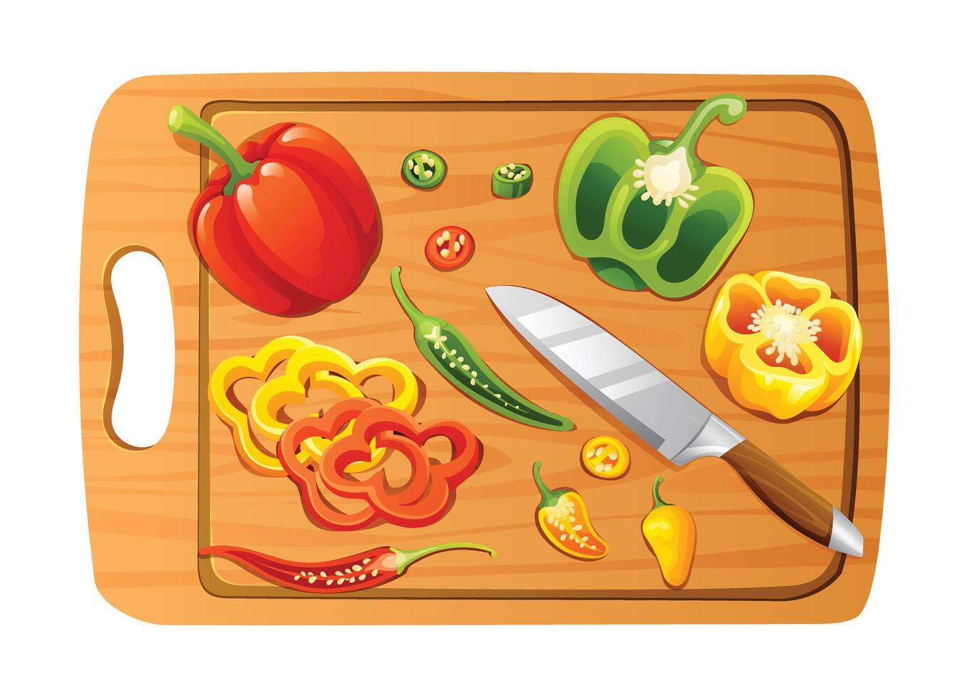 Sliced peppers and chilies with knife on wooden cutting board. Vector illustration isolated on white background