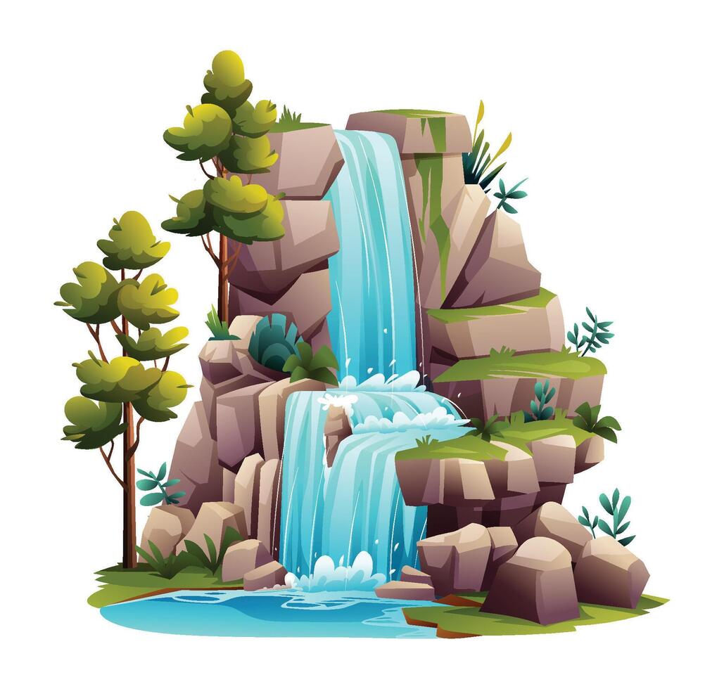 Cascade waterfall illustration. Vector cartoon isolated on white background