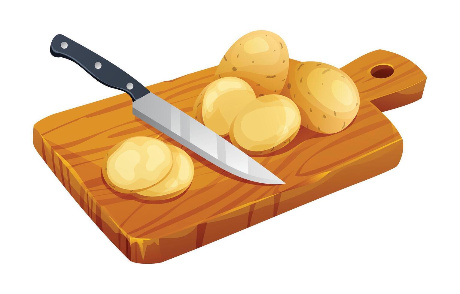 Sliced potatoes with knife on wooden cutting board. Vector illustration isolated on white background