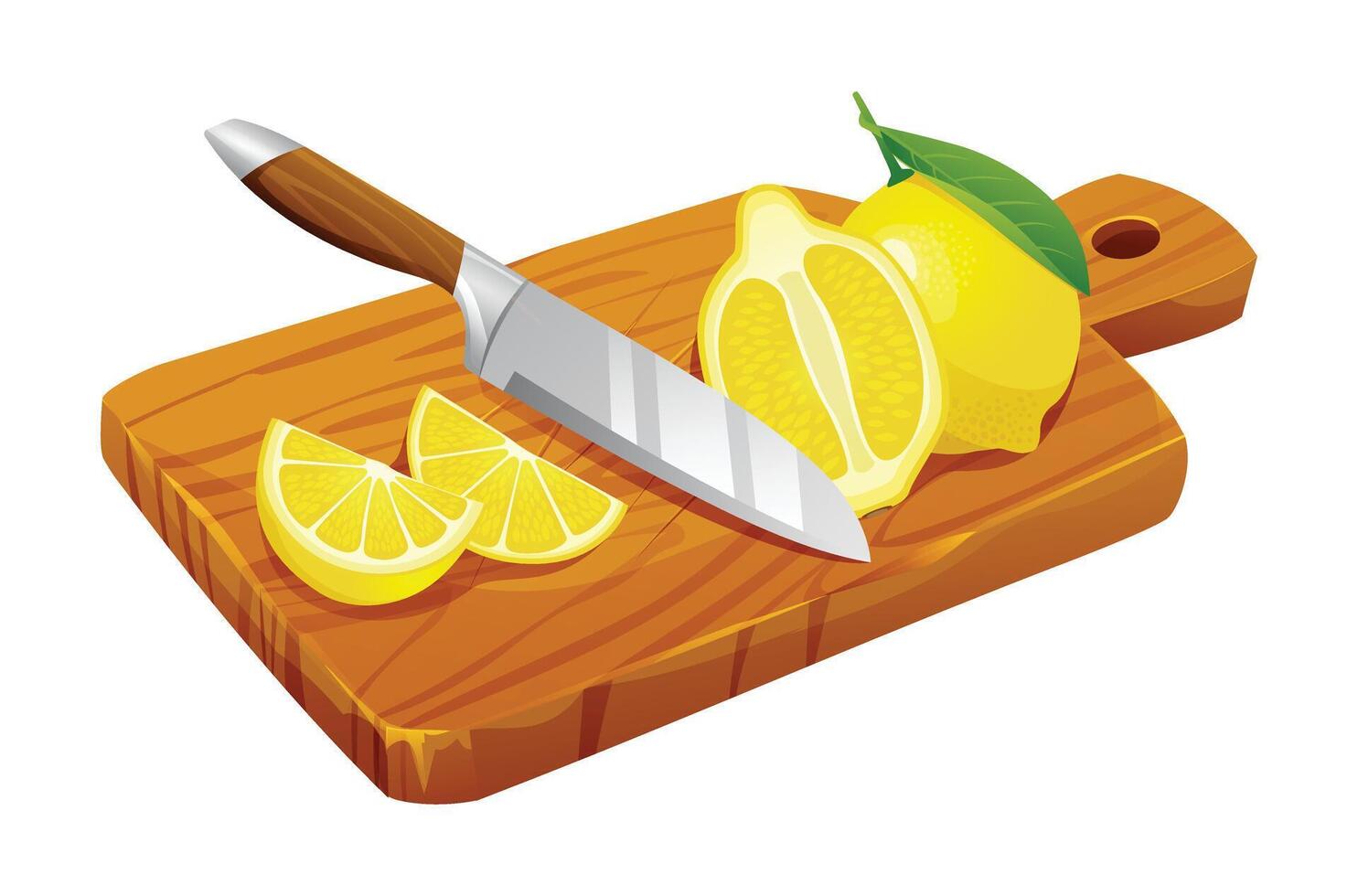 Fresh whole, half and cut slices lemon with knife on wooden cutting board. Vector cartoon illustration