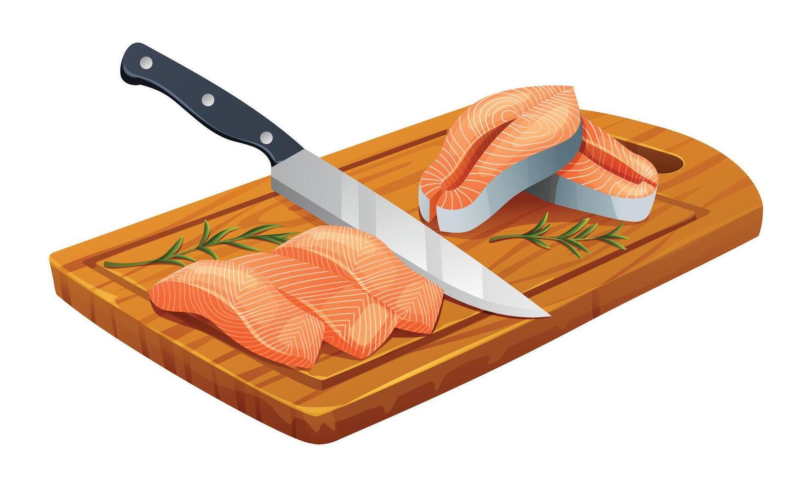 Fresh raw salmon fish fillets and steaks with knife on cutting board. Vector illustration isolated on white background
