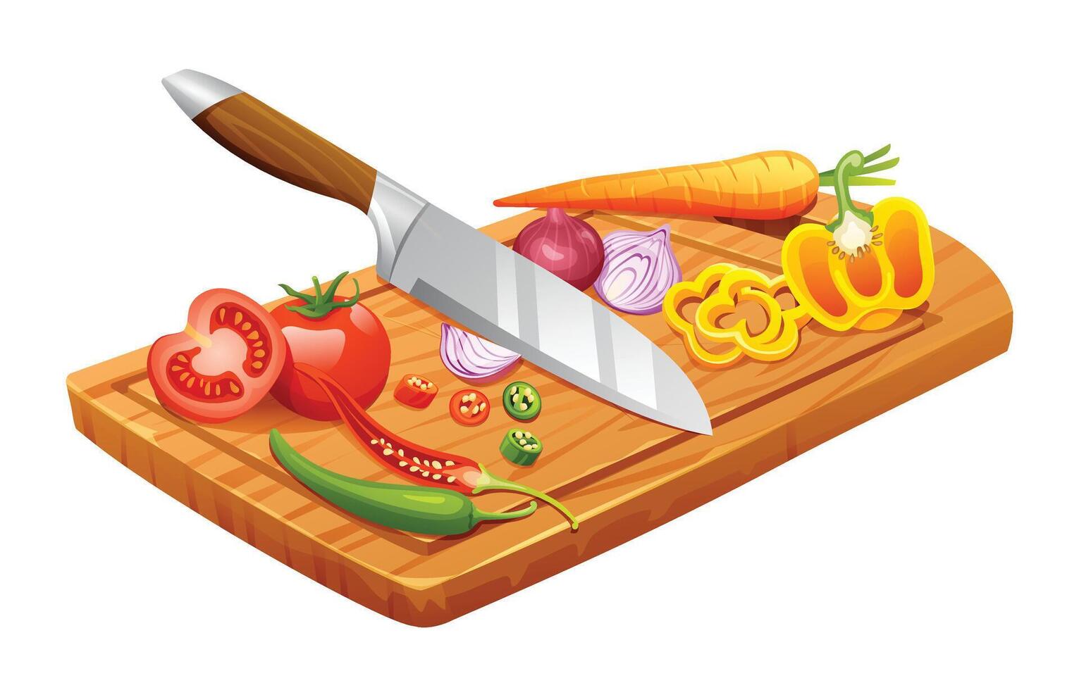 Food ingredients with knife on cutting board. Vector illustration isolated on white background