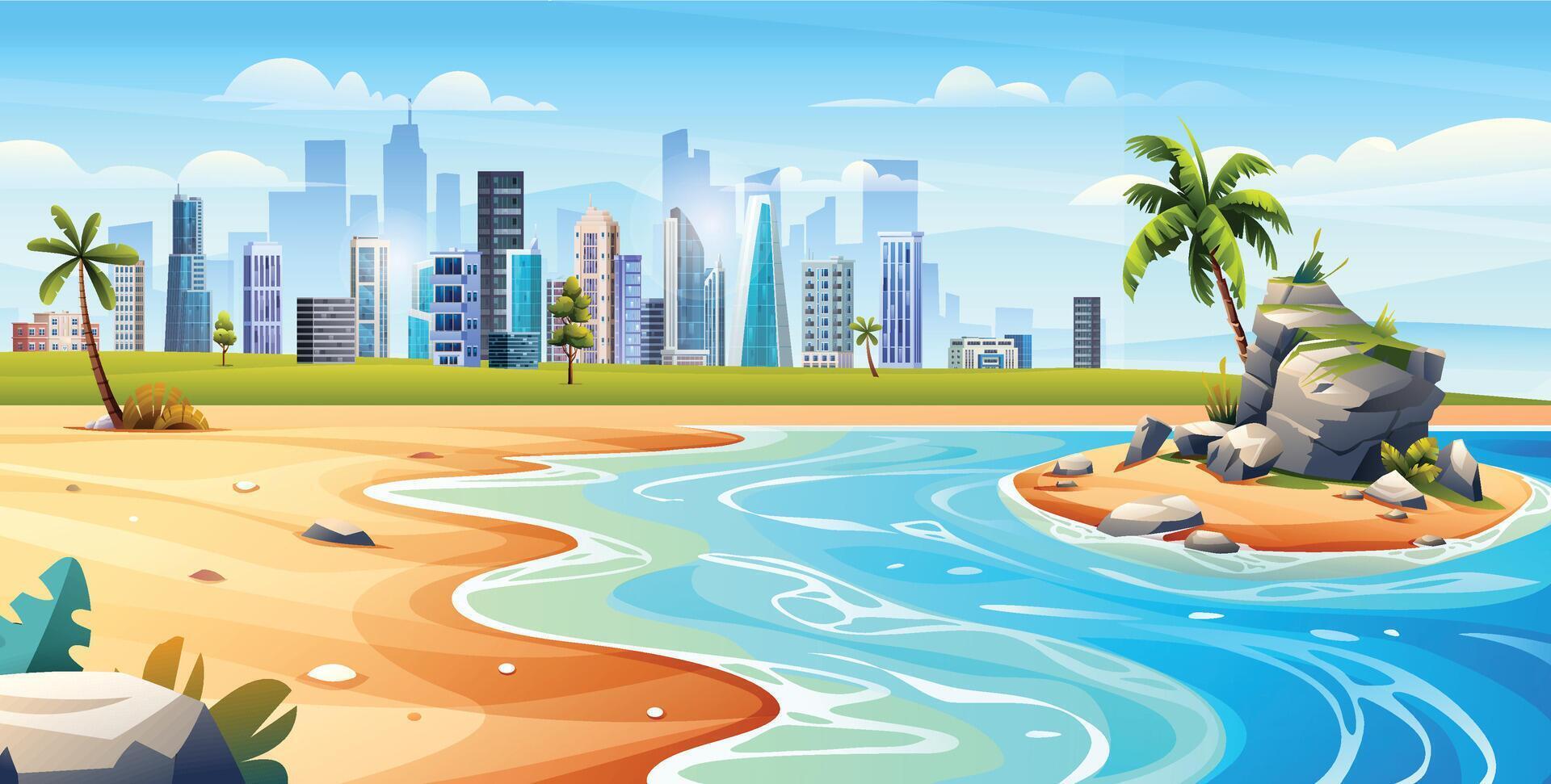 Oceano playa panorama con palma árboles, pequeño isla y paisaje urbano vista. tropical playa con ciudad paisaje dibujos animados ilustración vector