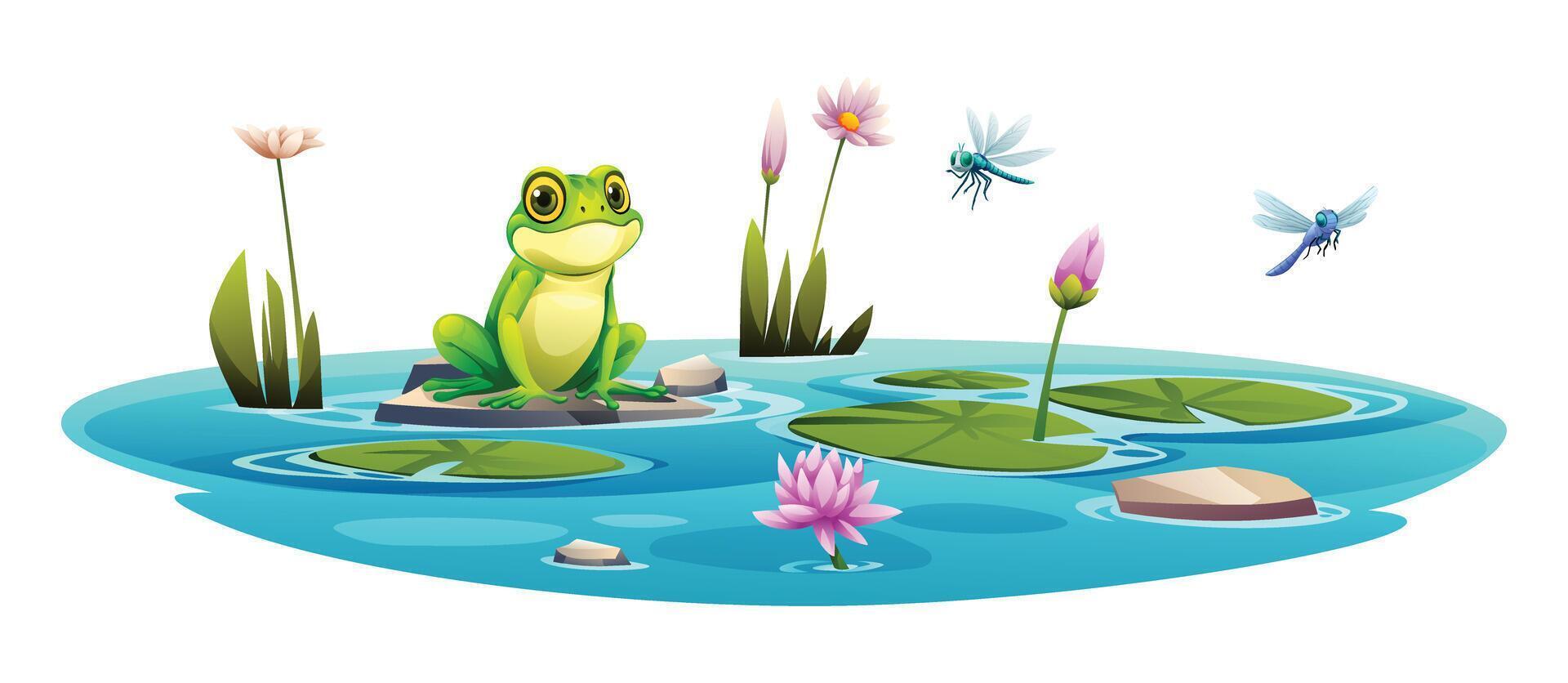 Frog and dragonflies in pond with water lily. Vector cartoon illustration isolated on white background
