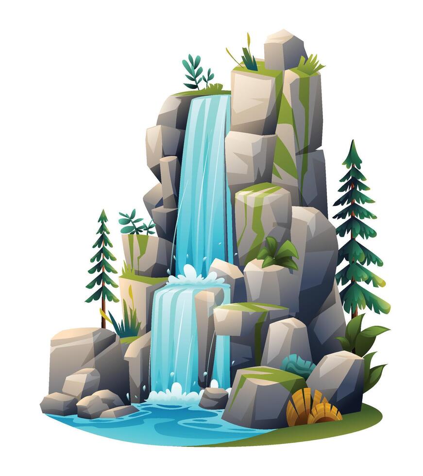 Mountain waterfall illustration. Vector cartoon isolated on white background