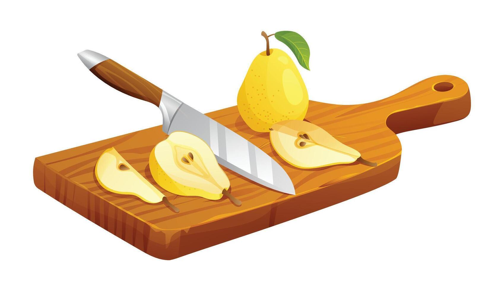 Fresh pears whole and half cut with knife on cutting board. Vector illustration isolated on white background