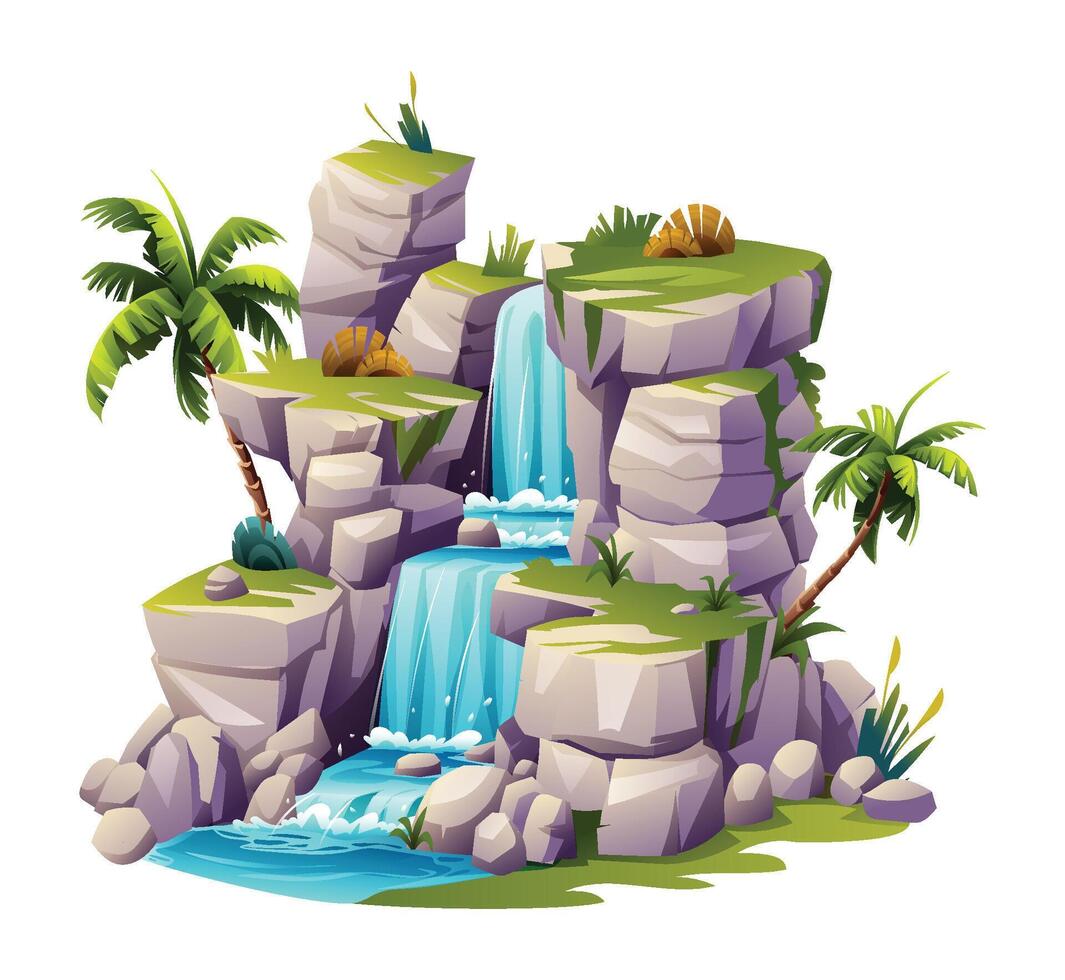 Tropical waterfall illustration. Vector cartoon isolated on white background