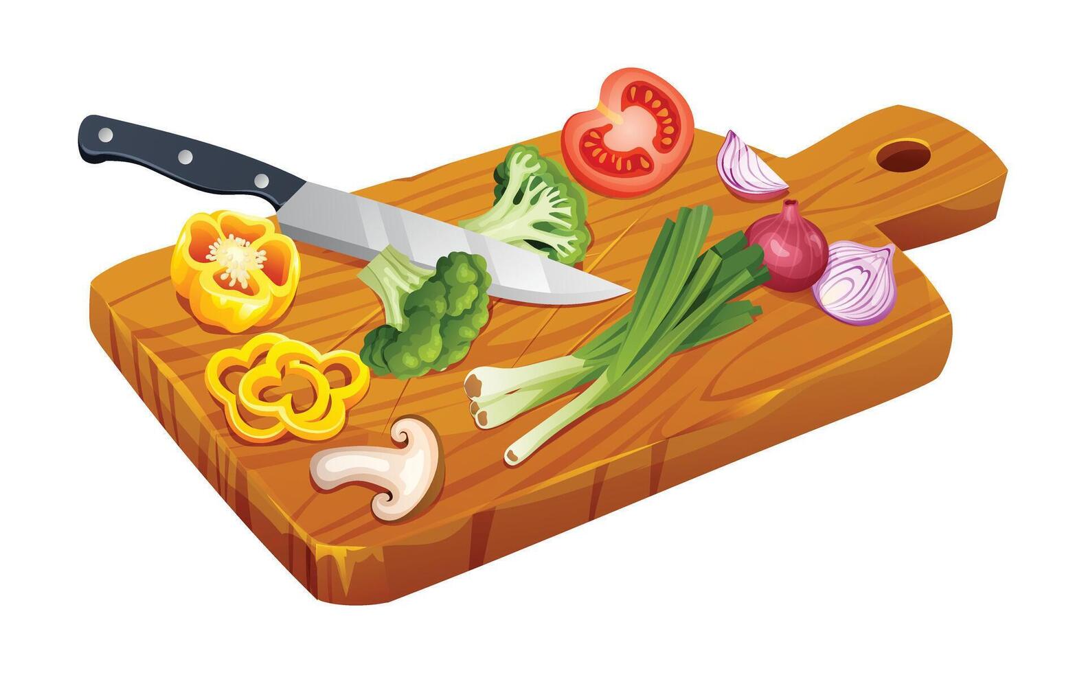 Food ingredients with knife on wooden cutting board. Vector illustration isolated on white background