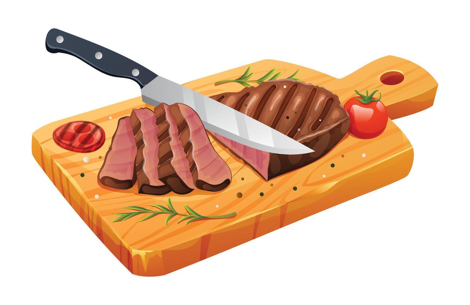 rebanado medio raro A la parrilla carne de vaca filete con sal, Tomates y cuchillo en corte tablero. vector ilustración aislado en blanco antecedentes