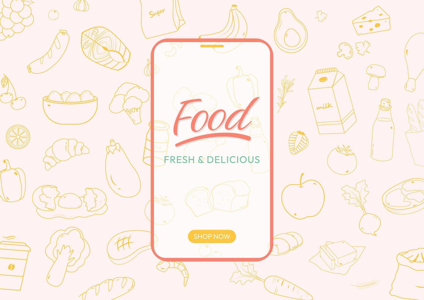 Food background with hand drawn style and mobile phone vector