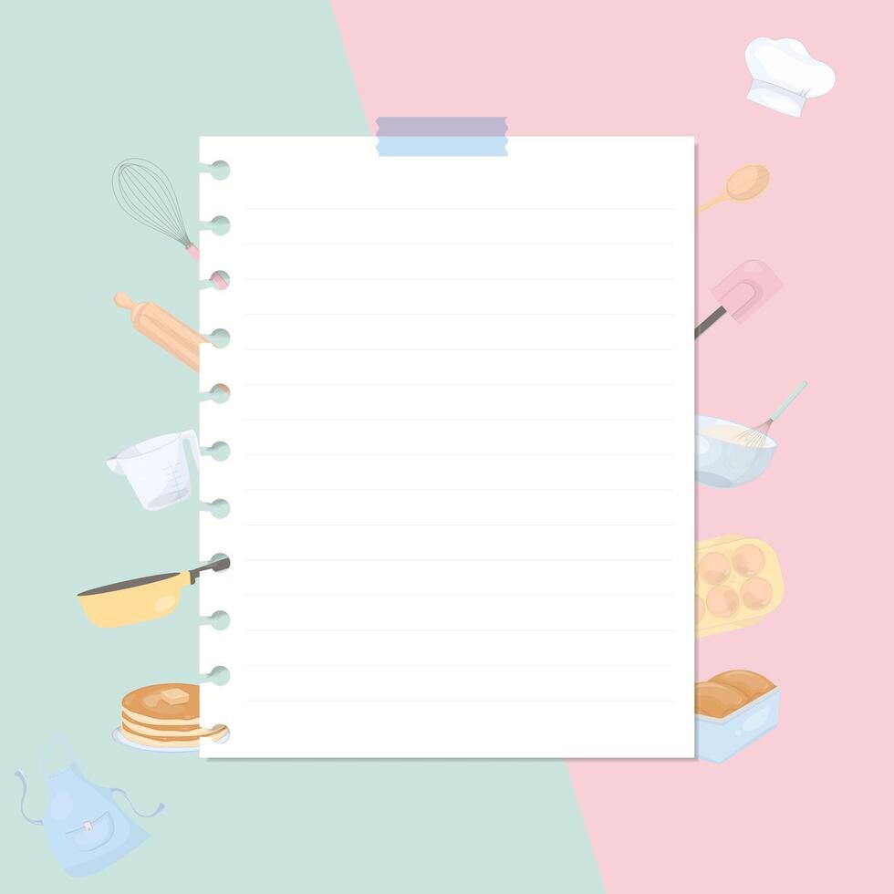 Paper note with kitchen tools and bakery ingredient vector